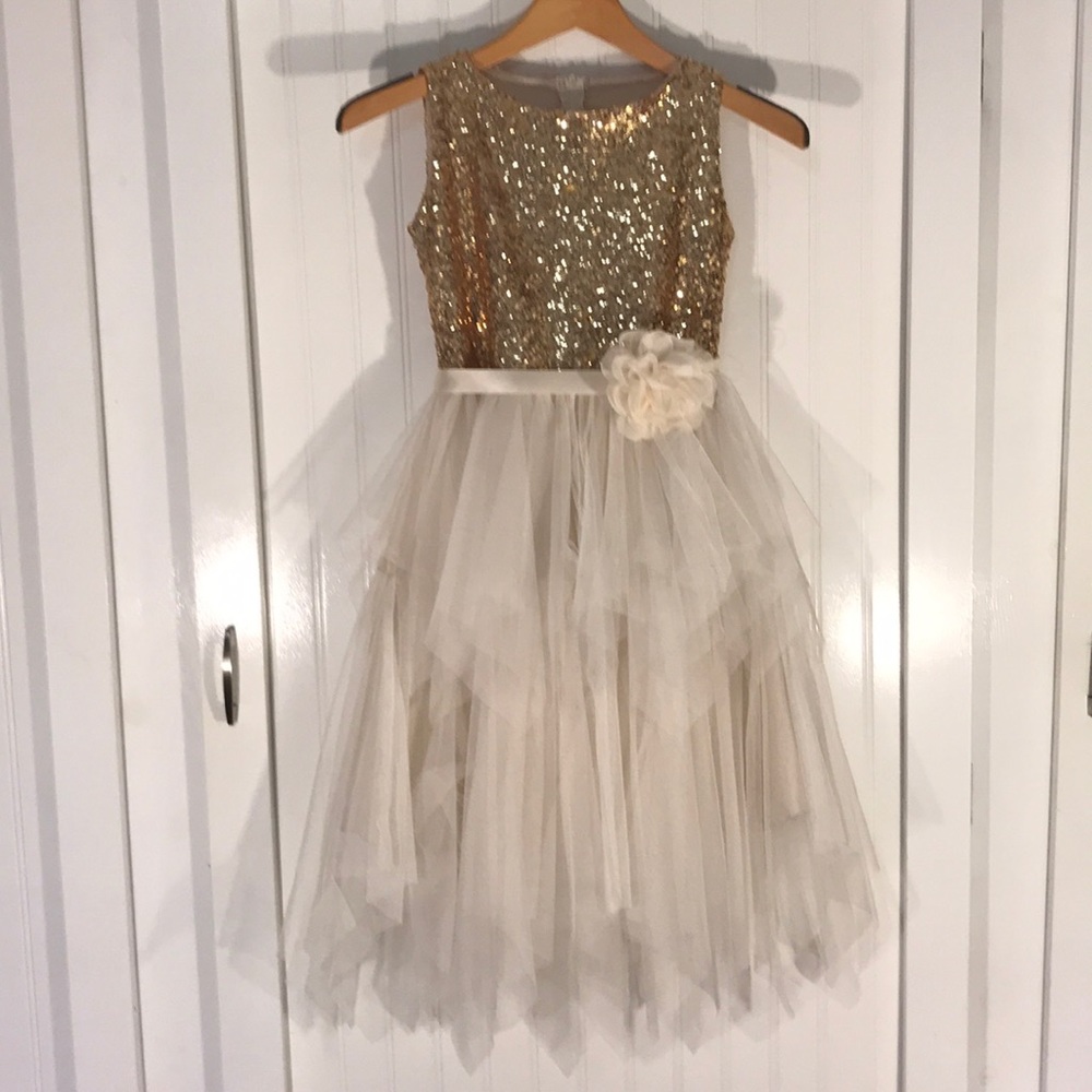Gold sequin and lace dress with flower detail